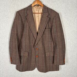 Vintage Austin Manor Sport Coat Blazer 44R Tweed Plaid Flecked Leather Buttons‎